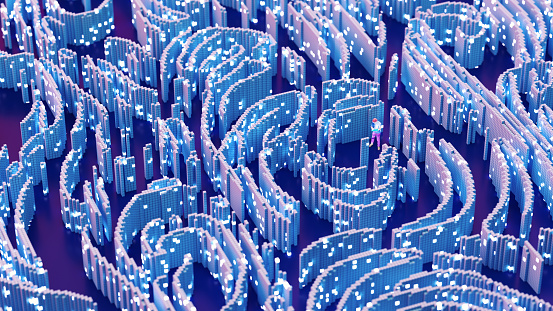 Digital virtual maze made of blue cubes. In the labyrinth is the avatar of a person trying to find the way with the help of a digital tablet, 3d render.
​