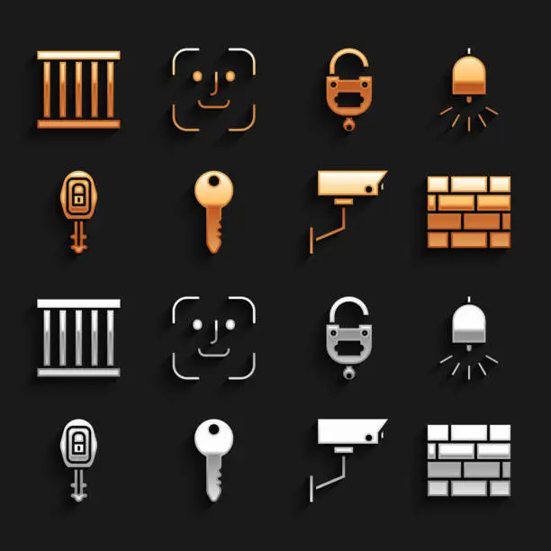 Vector illustration of Set Key, Ringing alarm bell, Bricks, Security camera, Car key with remote, Lock and, Prison window and Face recognition icon. Vector