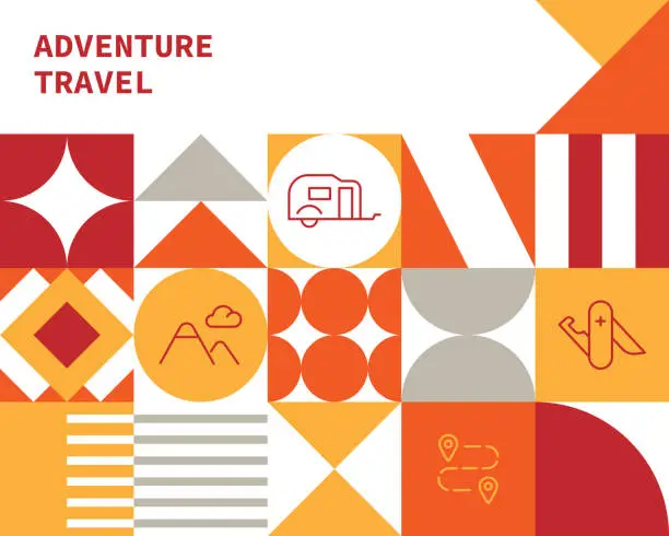 Vector illustration of Adventure Travel Concept Bauhaus Style Background Design with Simple Solid Icons. This design is suitable for use on websites, in presentations, reports, magazines, and brochures.