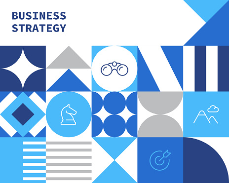 Business Strategy Concept Bauhaus Style Background Design with Simple Solid Icons. This design is suitable for use on websites, in presentations, reports, magazines, and brochures.