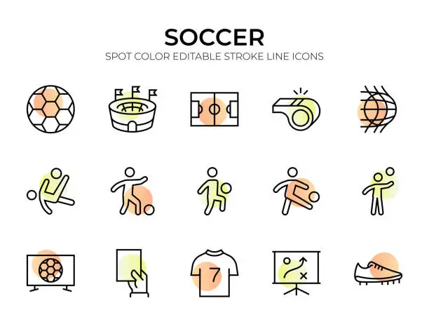 Vector illustration of Soccer Editable Stroke Line Icons