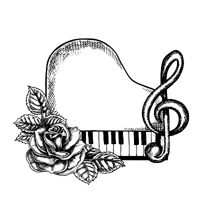 Grand piano, top view, with treble clef and roses. Graphic vector black and white illustration. For posters, flyers and invitation cards. For banners and postcards. For logos, badges, stickers