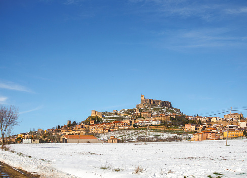 Atienza, Spain - January 21, 2024. Atienza, with the Castle on the top of the hill. Guadalajara, Castilla la Mancha, Spain.