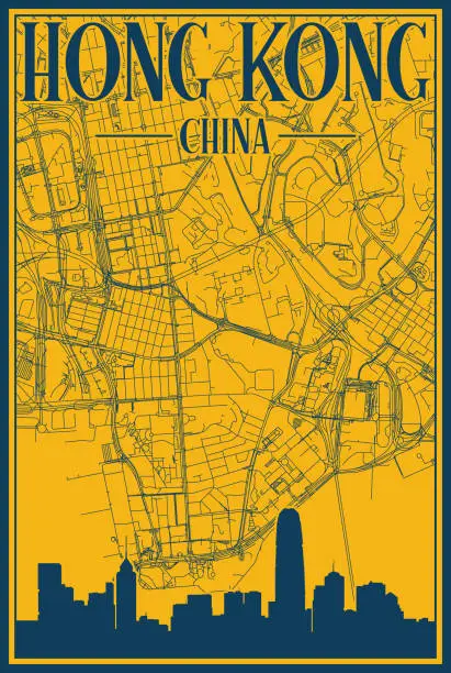 Vector illustration of Road network and skyline poster of the downtown HONG KONG, CHINA
