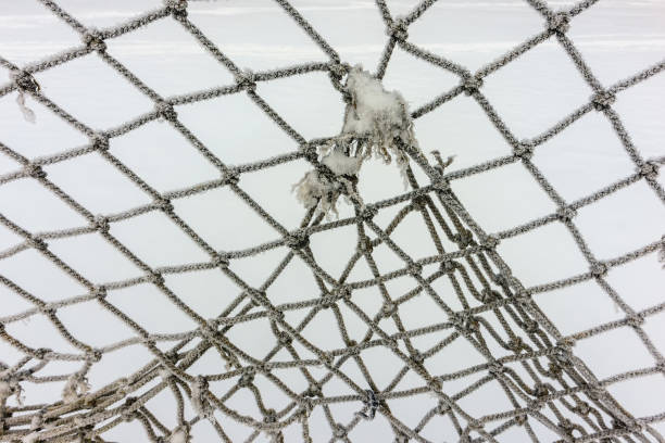 Lined football goal net texture background in winter