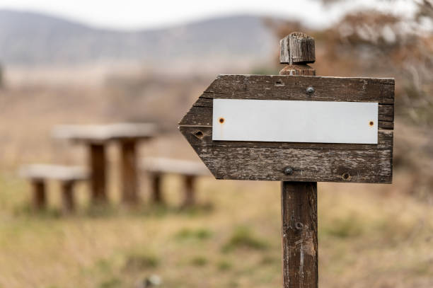 Weathered wooden arrow directional sign at a rest area