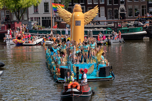 Gaypride Canal Parade With Boats At Amsterdam The Netherlands 6-8-2022
