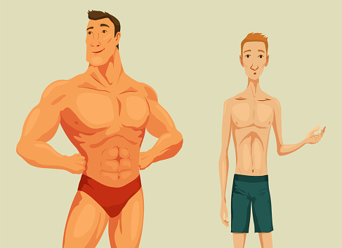 Strong and weak men - cartoon people character. A handsome young sportsman and a thin feeble person in swimming trunks.