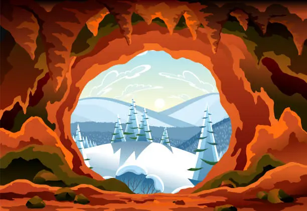 Vector illustration of Cave landscape. Winter nature scene of cave entrance. Prehistoric dungeon, rock cavern game illustration. Vector illustration of tunnel in mountain or mine in rocks