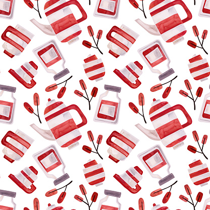 Watercolor seamless pattern with old-fashioned teapots and red and white striped cups, jam and autumn twigs. Pattern for seasonal wrapping paper, fabric, textiles, tablecloths and curtains in a tea cafe or coffee shop