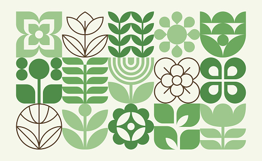 Abstract geometric flowers and leaves. Modern graphic flower design. Mid century flowers and leaves icons.