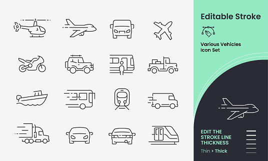 Various Vehicles Icon collection containing 16 editable stroke icons. Perfect for logos, stats and infographics. Edit the thickness of the line in any vector capable app.