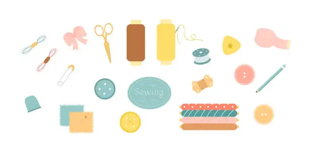 Vector illustration of Vector set of objects for sewing, handicraft.