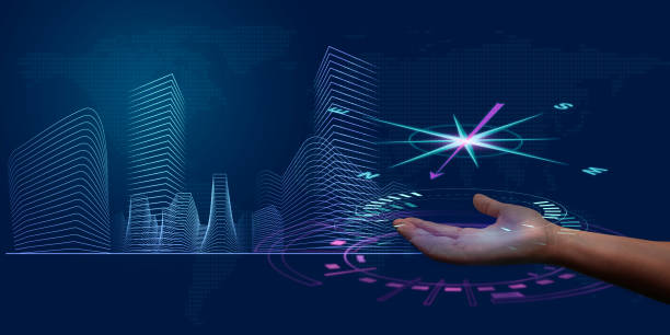 istock Design Your Path. Hand with symbolic compass, cityscape on dark blue background. Perfect for architectural, urban planning, and exploration concepts 2005764924