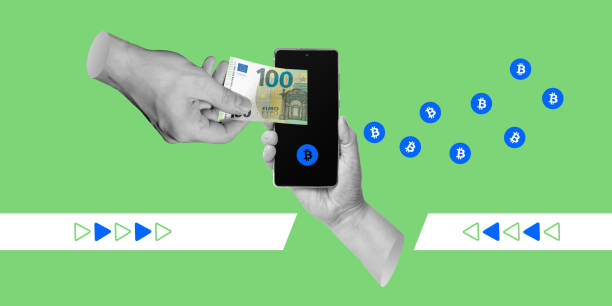 istock Cryptocurrency, mobile applications for online digital currency exchange services, blockchain system, transfer of fiat currency. Hand puts 100 euros into smartphone. Minimalist art collage 2005764940