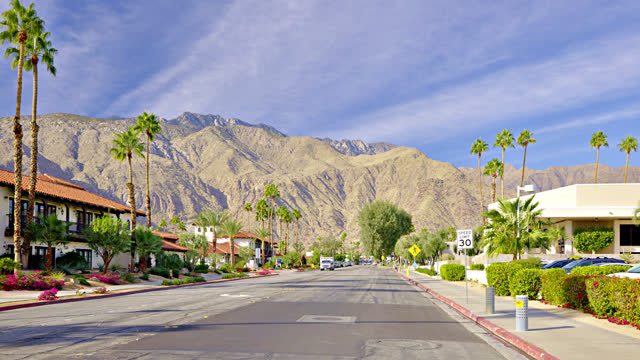 View along street to mountains, Palm Springs, California