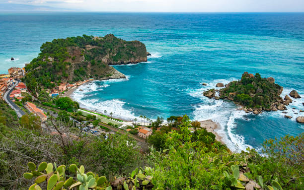Taormina town with Mediterranean Sea on background