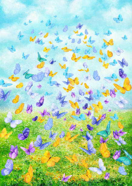istock Watercolor painting. Green fields, white clouds and countless butterflies rising toward the sky 2005796441