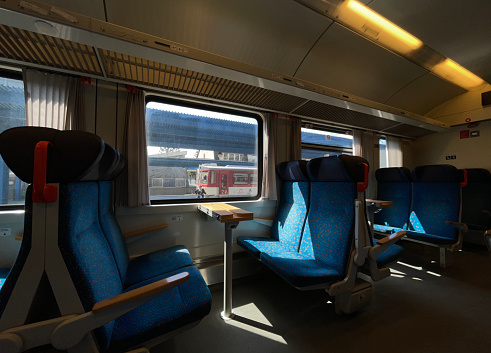 Čadca, Slovakia - April 22, 2023: Interior of the train that stands in the station.