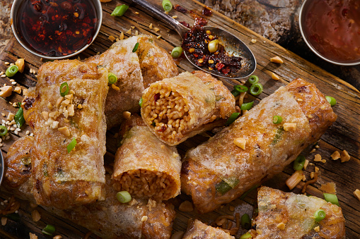 Crispy Ramen Noodle Fried Rice Paper Spring Rolls with Soy Sauce, Chili Oil and Sweet and Sour Dipping Sauces