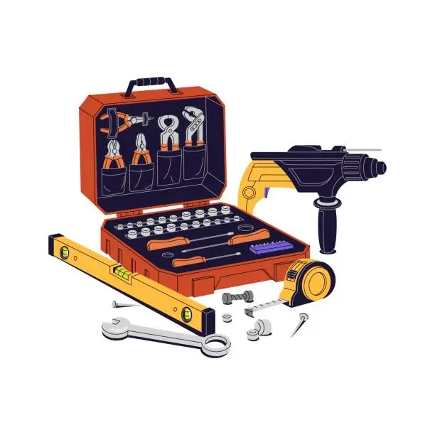 Vector illustration of Engineer toolkit for repair home. Builder toolbox with different work instruments. Construction level, drill, pliers, screwdriver in tool box. Flat isolated vector illustration on white background