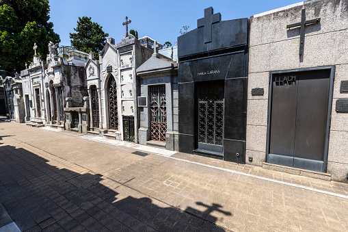 Buenos Aires, Argentina - Jan31, 2024 - View of the world famous landmark, La Recoleta Cemetery, with historic monumental graves with sculptures and architecture