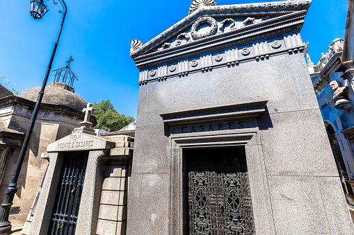 Buenos Aires, Argentina - Jan31, 2024 - View of the world famous landmark, La Recoleta Cemetery, with historic monumental graves with sculptures and architecture. Tomb of writer adolfo bioy casares