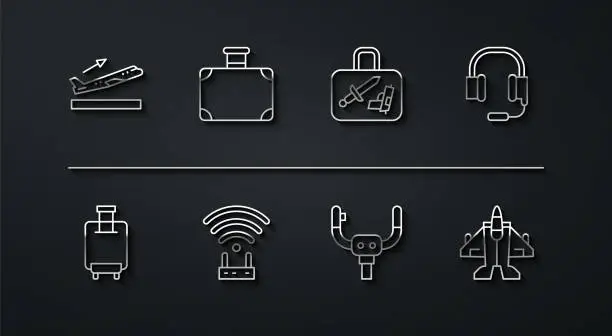 Vector illustration of Set line Plane takeoff, Suitcase, Headphones with microphone, Aircraft steering helm, Router and wi-fi signal, Jet fighter and icon. Vector