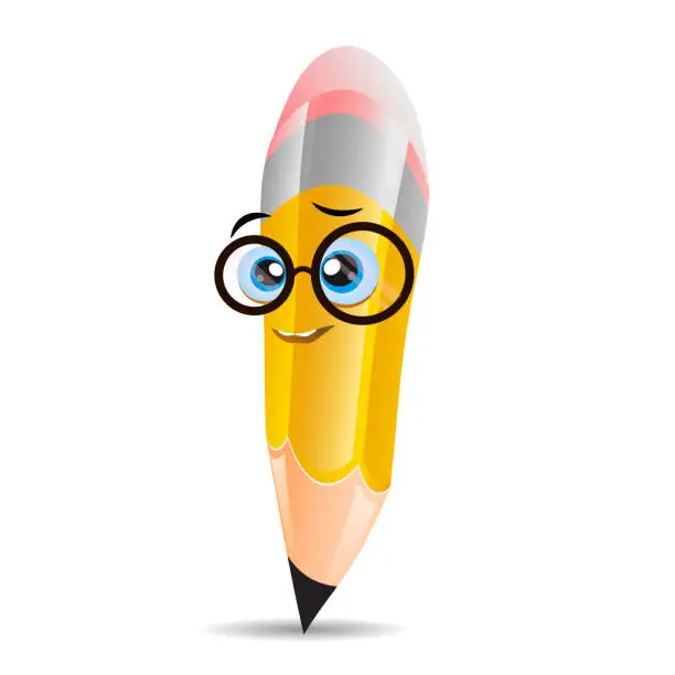 Vector illustration of Smart Yellow cartoon pencil in glasses telling, vector illustration isolated on white background. Humanized Funny Smart Pencil Character in large Nerdy Glasses.