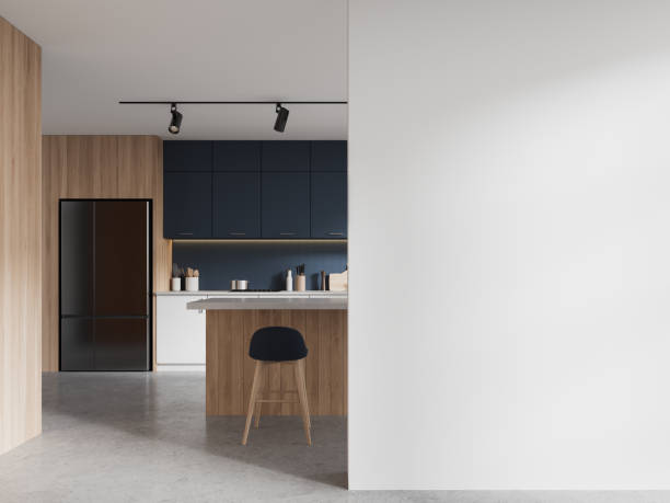 istock Elegant home kitchen interior with bar counter and cabinet, mock up wall 2005852855