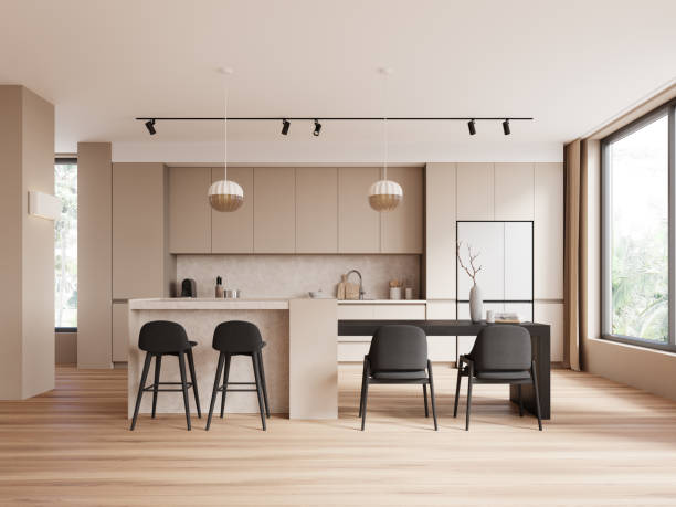 istock Cozy home kitchen interior with bar island and eating table, panoramic window 2005856499