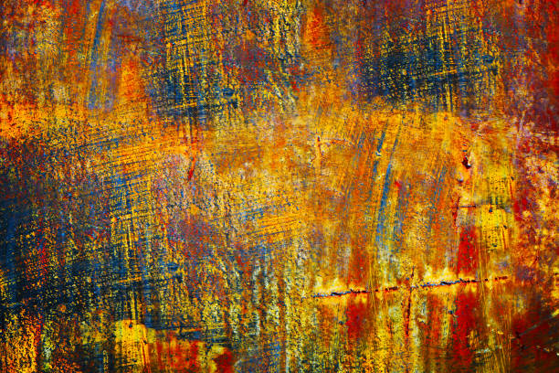 Red orange rusty yellow green blue purple abstract pattern background. Oil paint. Brush stroke line daub smudge stained grunge rough. Bright colors. Multicolor colorful mix. Design.