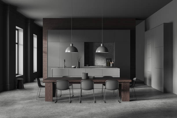 istock Grey home kitchen interior with bar counter and cabinet with kitchenware 2005861856