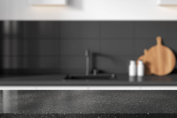 istock Gray tile kitchen with sink and product display desk 2005862022