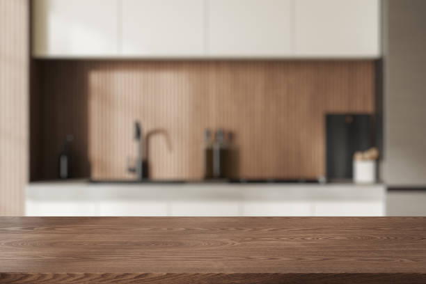 istock Wooden mock up table on background of kitchen interior with kitchenware 2005862073