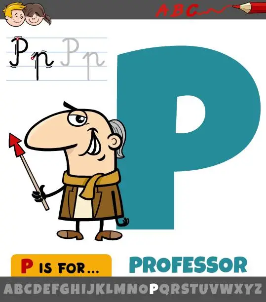 Vector illustration of letter P from alphabet with cartoon professor character