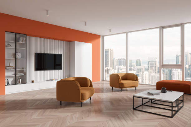 istock Colorful home living room interior with relaxing space, panoramic window 2005862307