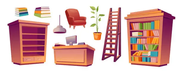 Vector illustration of Library furniture mega set in cartoon graphic design. Bundle elements of bookshelf, stack of books, armchair, desk with computer, ladder, lamp, plant, bookcases. Vector illustration isolated objects