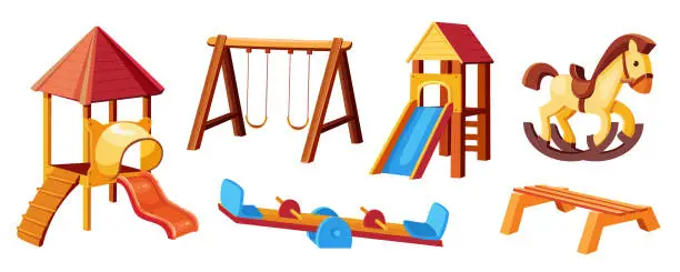 Vector illustration of Child playground mega set in cartoon graphic design. Bundle elements of outdoor wooden swings, houses with ladders and slides, wood horse, bench, balance carousel. Vector illustration isolated objects