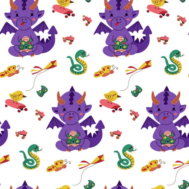 Vector illustration of Dragon playing with joystick seamless pattern
