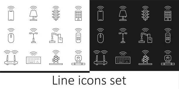 Vector illustration of Set line Smart sensor, remote control, traffic light, street, Wireless mouse, smartphone, Robotic robot arm hand factory and table lamp icon. Vector