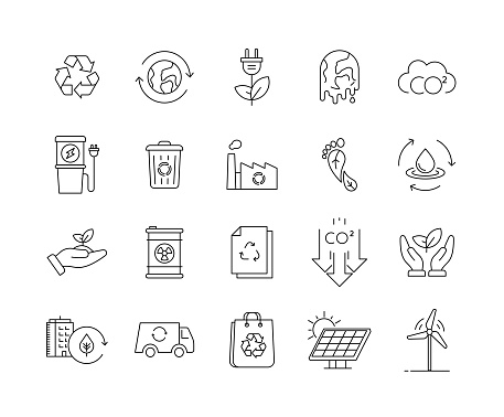 Ecology and Sustainability Line Icon Set contains such icons as Recycled Paper, Alternative Energy, Green Building, Nuclear Waste, Reducing Carbon Emission, and so on. Editable Stroke, Customizable Stroke Width, and Adjustable Colors.