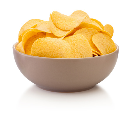 Potato chips in brown bowl isolated on a white background