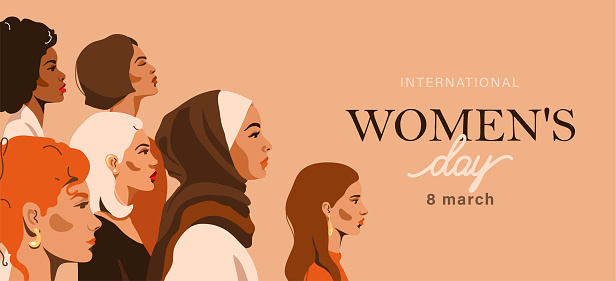 Women of different race look at side, profile face, vector illustration. Modern feminine concept background for international womens day, month, 8 march. Text celebrate greeting. Copy space.
