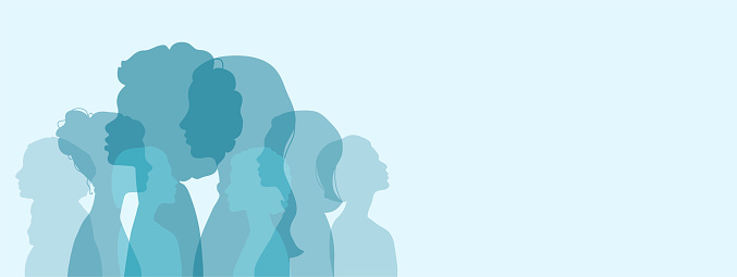 Woman silhouette isolated vector illustration. Modern blue colored feminist concept background for womens day, month, 8 march. Women different nation for equality, unity, rights, feminism. Copy space.