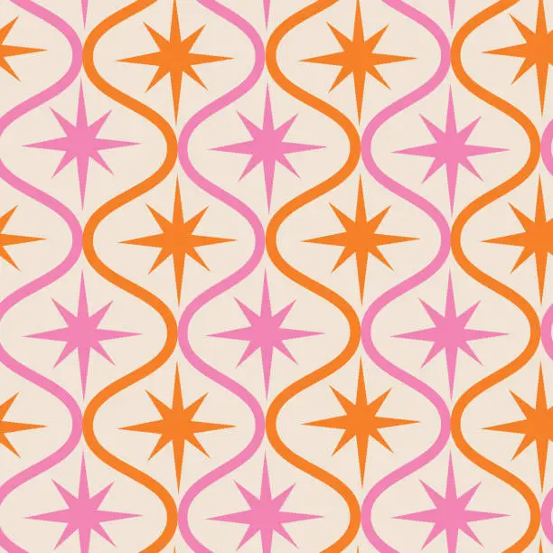 Vector illustration of Mid century modern pink and orange atomic starbursts on retro ogee shapes seamless pattern on white background.