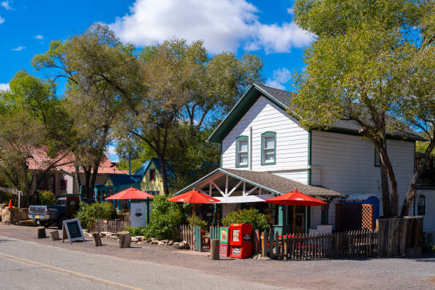 Santa Fe, New Mexico, USA - September 14, 2023: Colourful house in Madrid, New Mexico along the Turquoise Trail. Most of the houses in Madrid are a tourist attraction, housing a gift shop.