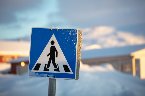 Pedestrian crossing sign with winter landscape.