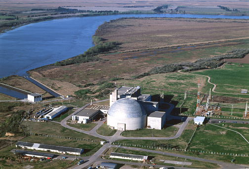 Nuclear energy, aerial view of the Atucha 1 nuclear power plant on the Parana river, Zarate city, Buenos Aires province, Argentina