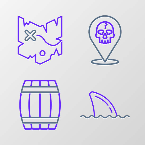 ilustrações, clipart, desenhos animados e ícones de definir linha barbatana de tubarão na onda do oceano, barril de madeira, pirata de localização e ícone do mapa do tesouro pirata. vetor - pin oak